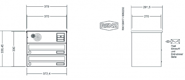 RENZ Briefkastenanlage, Aufputz, Classic Basic B, Edelstahl V4A, Kastenformat 370x110x270mm, mit Klingel - & Lichttaster und Vorbereitung Gegensprechanlage, 2-teilig